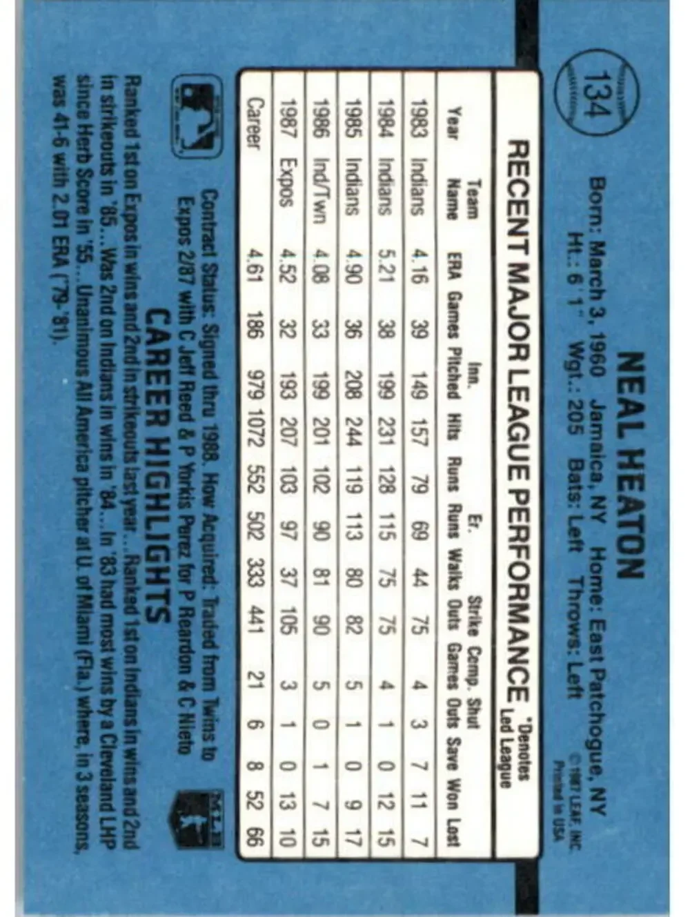 1988 Neal Heaton Donruss Baseball Card #134